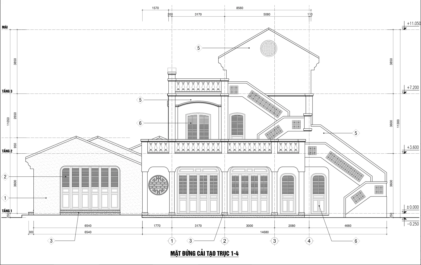 Mặt đứng bên cải tạo · cầu thang ngoài