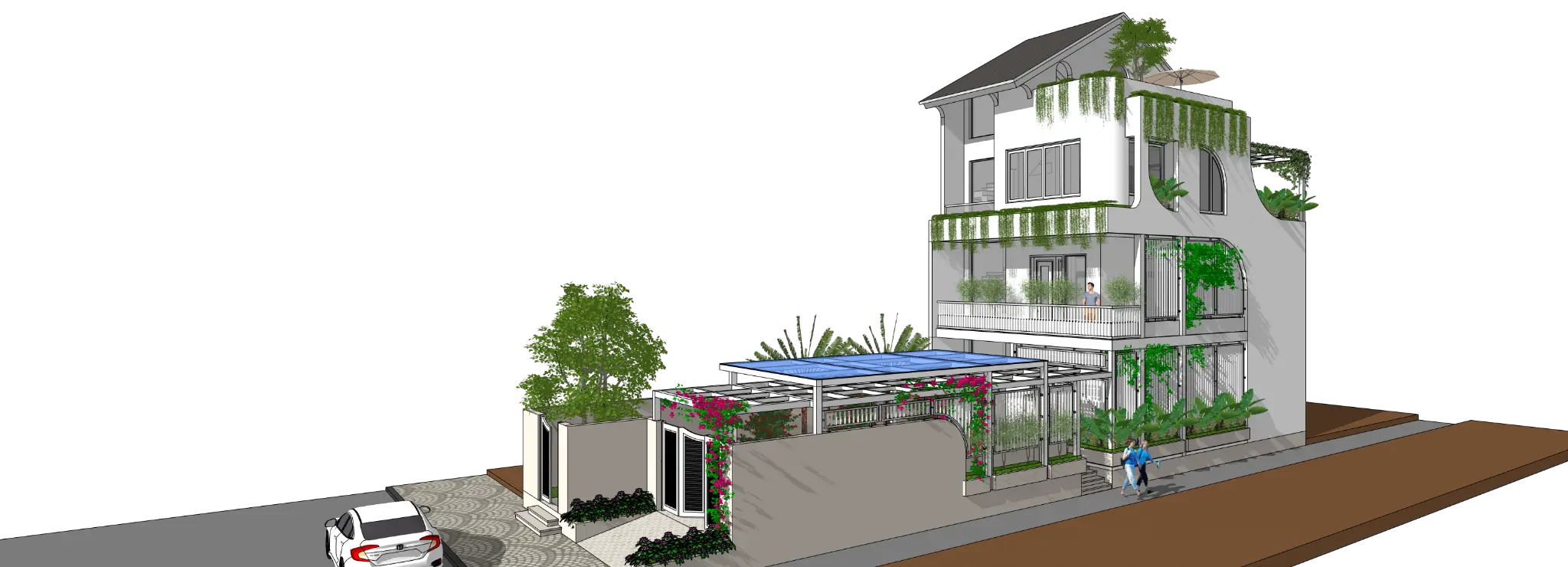 Phác thảo 3D tổng thể Biệt thự Tam Kỳ nhìn chéo từ lối vào