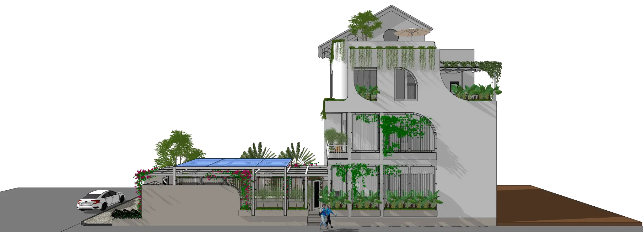 Phác thảo 3D mặt đứng bên Biệt thự Tam Kỳ và sân có mái che