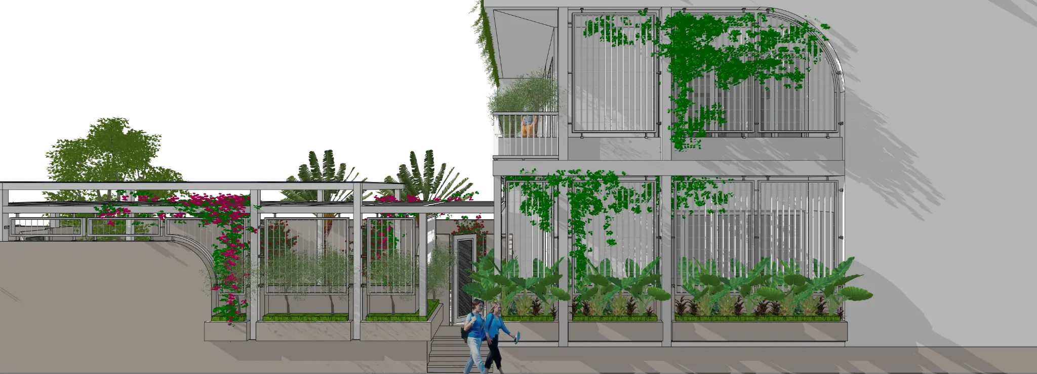 Phác thảo 3D chi tiết tầng trệt, mặt đứng bên và hệ cây xanh Biệt thự Tam Kỳ