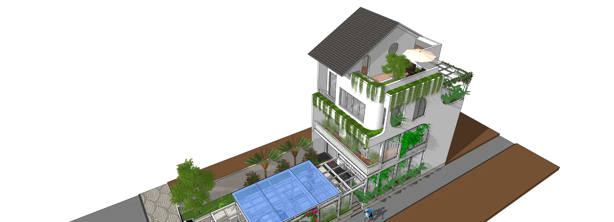 Phác thảo 3D tổng thể Biệt thự Tam Kỳ nhìn từ trên cao phía lối vào