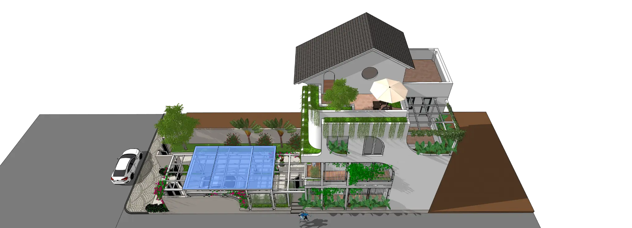 Phác thảo 3D tổng thể Biệt thự Tam Kỳ nhìn từ trên cao phía bên hông