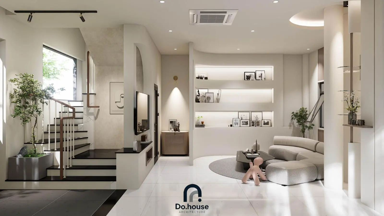 Thiết kế 3D phòng khách nhìn về cầu thang